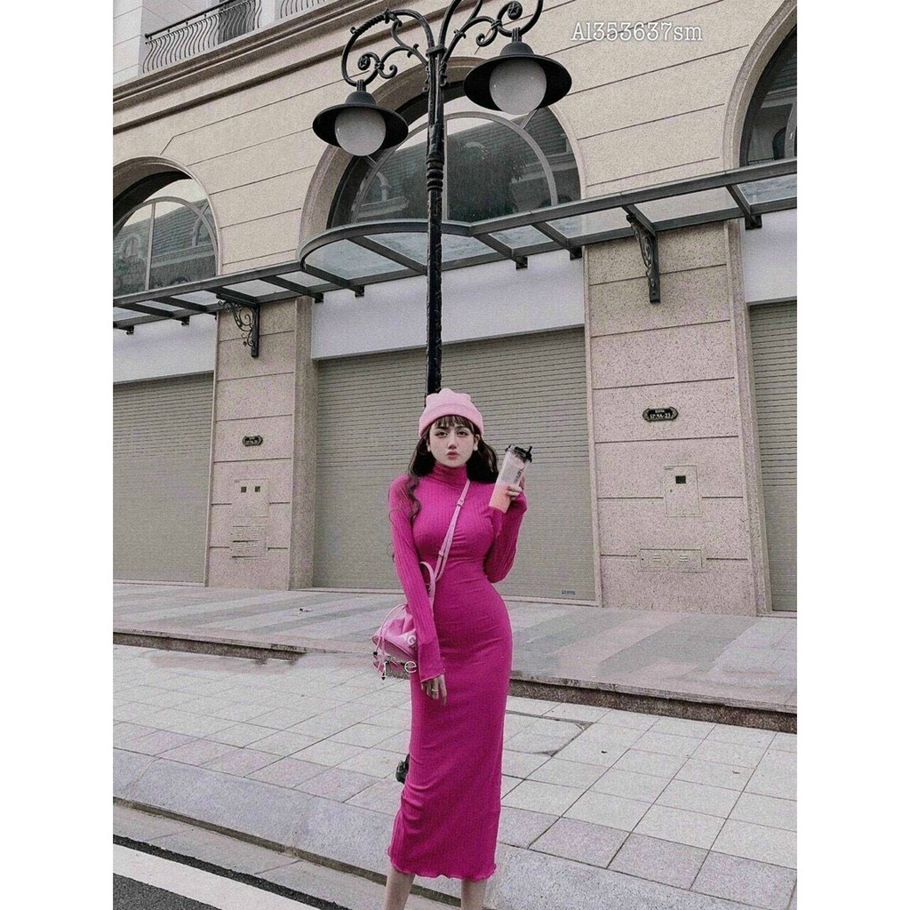 Đầm cổ lọ dáng dài ôm tay dài len gân mùa đông tết đến basic NU80