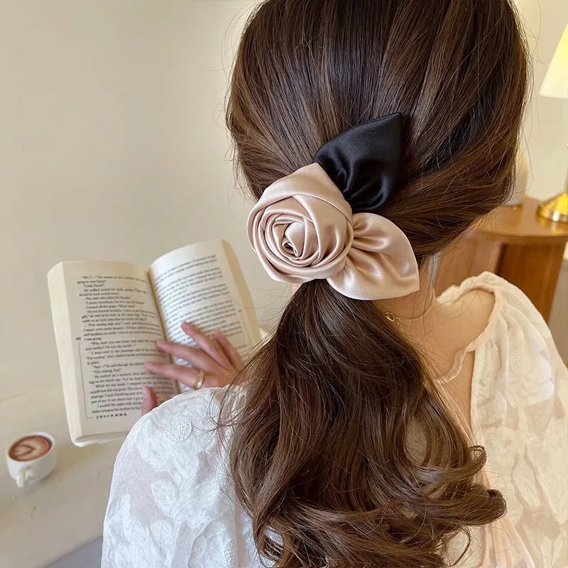Kẹp tóc hoa hồng satin cao cấp Hàn Quốc kẹp tóc sau đầu thanh lịch khí chất bông hồng satin cho nữ