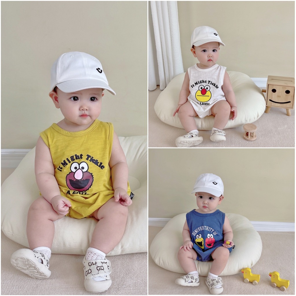 Bộ Áo Liền Quần Tam Giác Không Tay Bằng Cotton In Hoạt Hình Dành Cho Bé Trai Gái 0-24 Tháng Tuổi