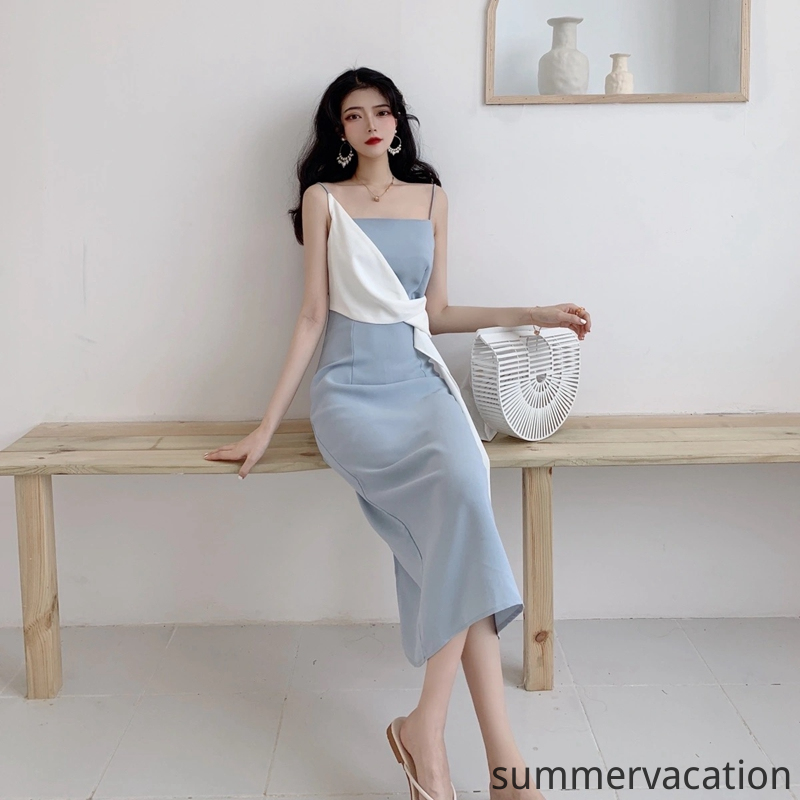 đầm tiểu thư váy kpop váy 2 dây đi biển Retro Midi Long Beach Dress Classic Morandi Blue+Contract Color White Fly Shoulder Strap Korean Fashion OL Style