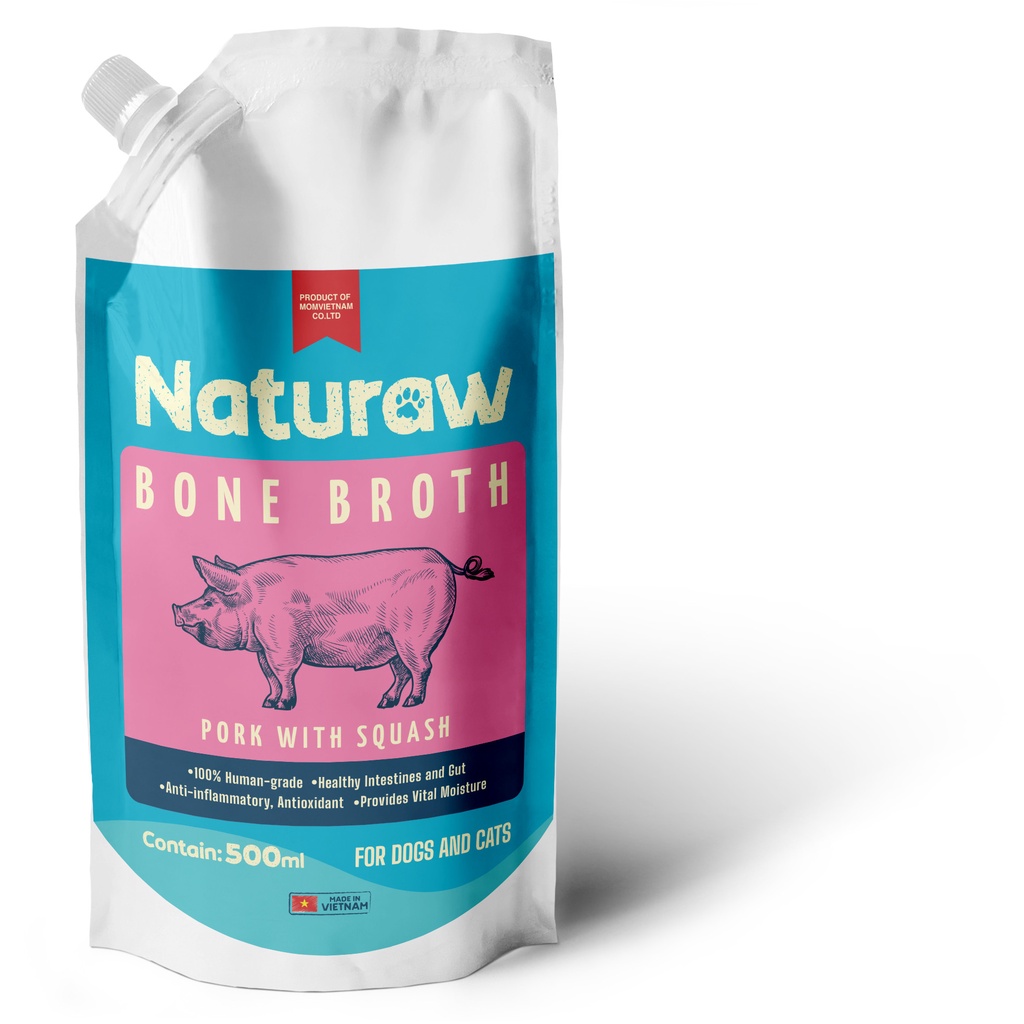 NƯỚC HẦM XƯƠNG HEO VÀ BÍ ĐỎ HỒ LÔ CHO CHÓ MÈO NATURAW - BONE BROTH PORK WITH SQUASH 500ML (GÓI)