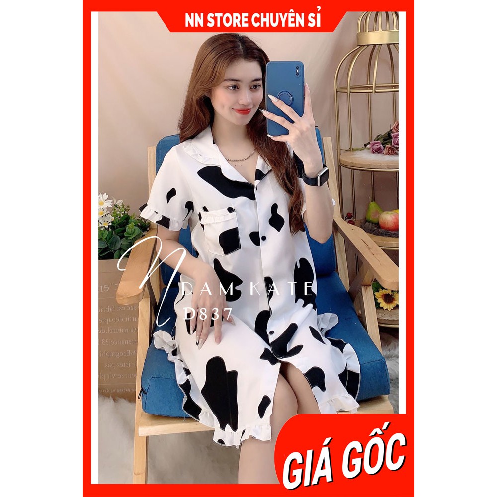 Đầm ngủ bò sữa phom to 55kg vải kate mềm họa tiết bò sữa dễ thương | BigBuy360 - bigbuy360.vn
