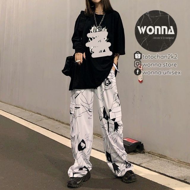 {CÓ SẴN} Quần ống rộng suông trắng hoạ tiết unisex oversize street style Hàn Quốc ulzzang street style hip hop ngầu