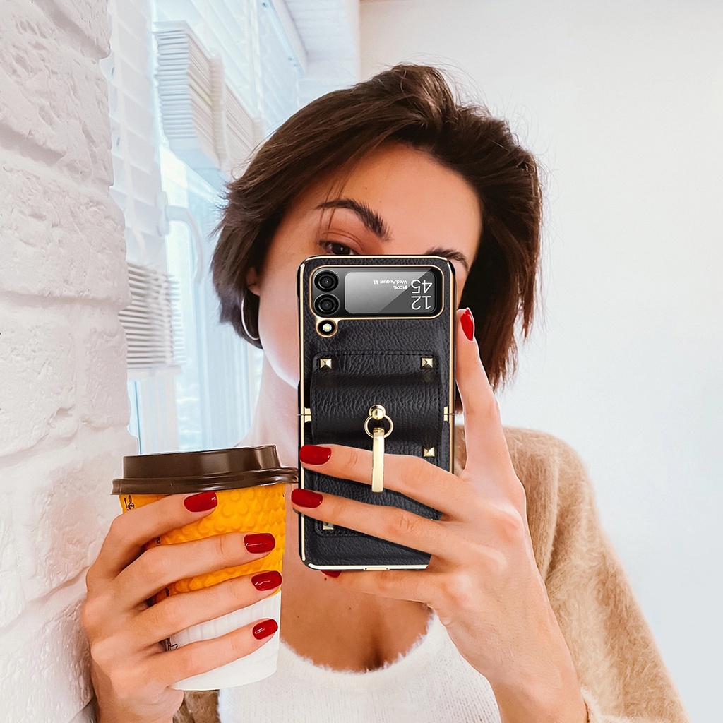 Ốp Điện Thoại Da Kèm Móc Xỏ Ngón Kim Loại Sang Trọng Cho Samsung Galaxy Z Flip 4 Samsung Z Flip 3 4