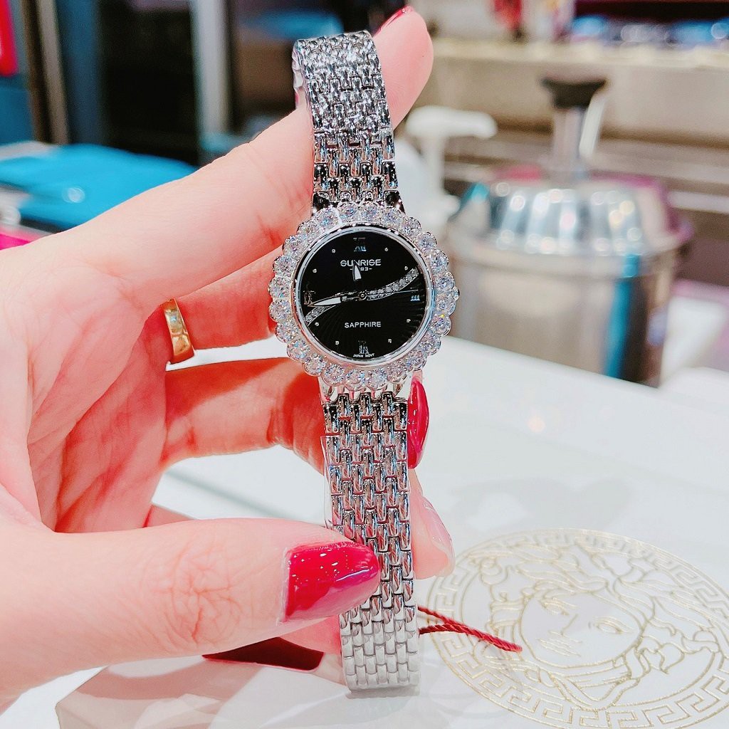 Đồng Hồ Nữ Sunrise Đính Đá Dây Bạc Mặt Đen 30mm