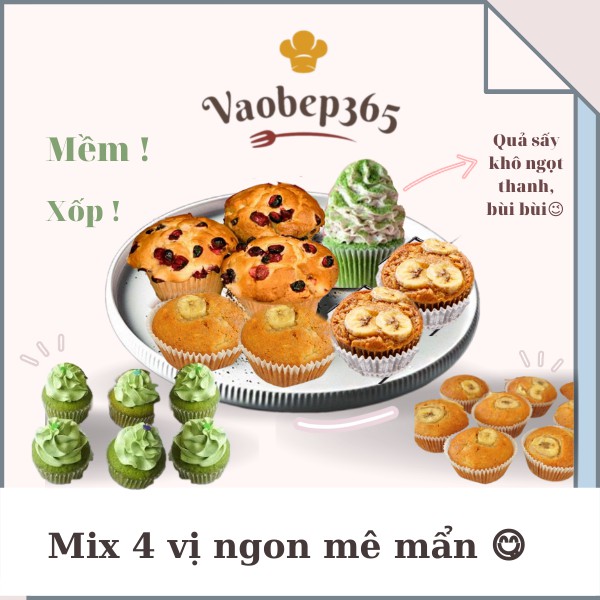 Set Nguyên Liệu Làm Bánh Muffin Trái Cây nhiệt đới xinh, mix 4 vị ngất ngây 600gr Vaobep365