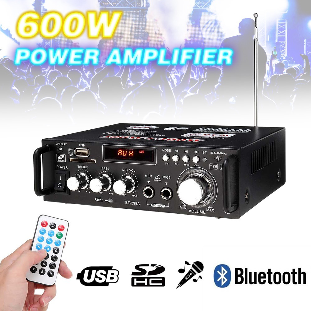 Ampli Bluetooth 12V, Amply Không Dây, Ampli Bluetooth Karaoke Mini 12V/220V Công Suất 600W 2 Loa Cân Loa Thùng 2 Tấc