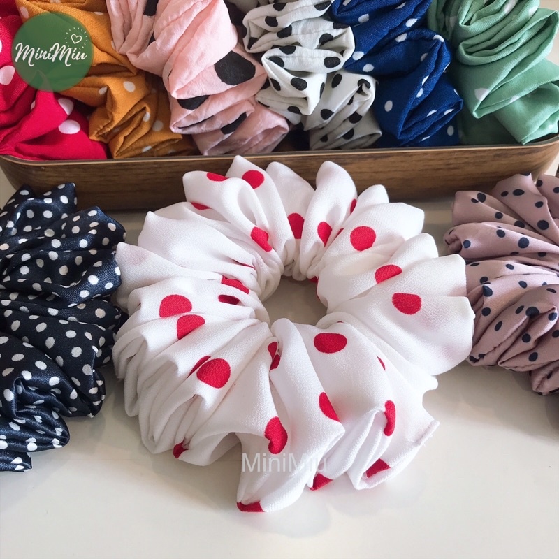 Dây buộc tóc Scrunchies handmade chấm bi nhiều màu, bản rộng 5cm, độ nhún dày chun co giãn tốt