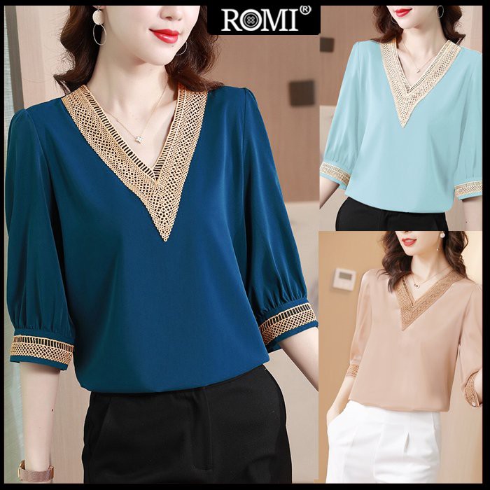 ROMI - THỜI TRANG CÔNG SỞ - ÁO SƠ MI NỮ DÁNG RỘNG KIỂU ÁO SƠ MI CỔ V PHỐI REN 3A10 3A04 3A03