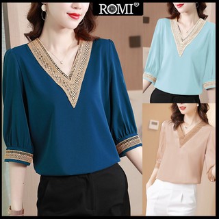 Romi - thời trang công sở - áo sơ mi nữ dáng rộng kiểu áo sơ mi cổ v phối ren 3a10 3a04 3a03