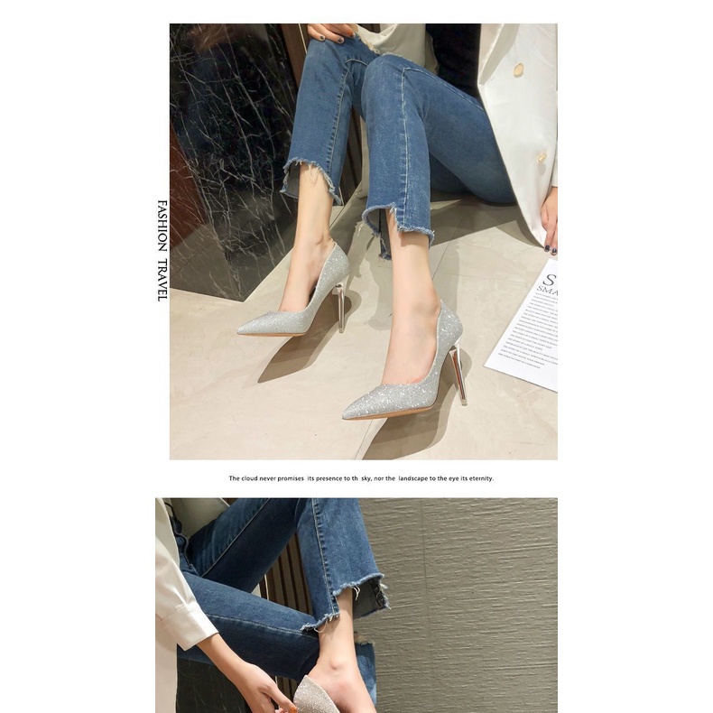 Giày Cao Gót Mũi Nhọn Đính Kim Sa Thời Trang 2021 Cho Nữ