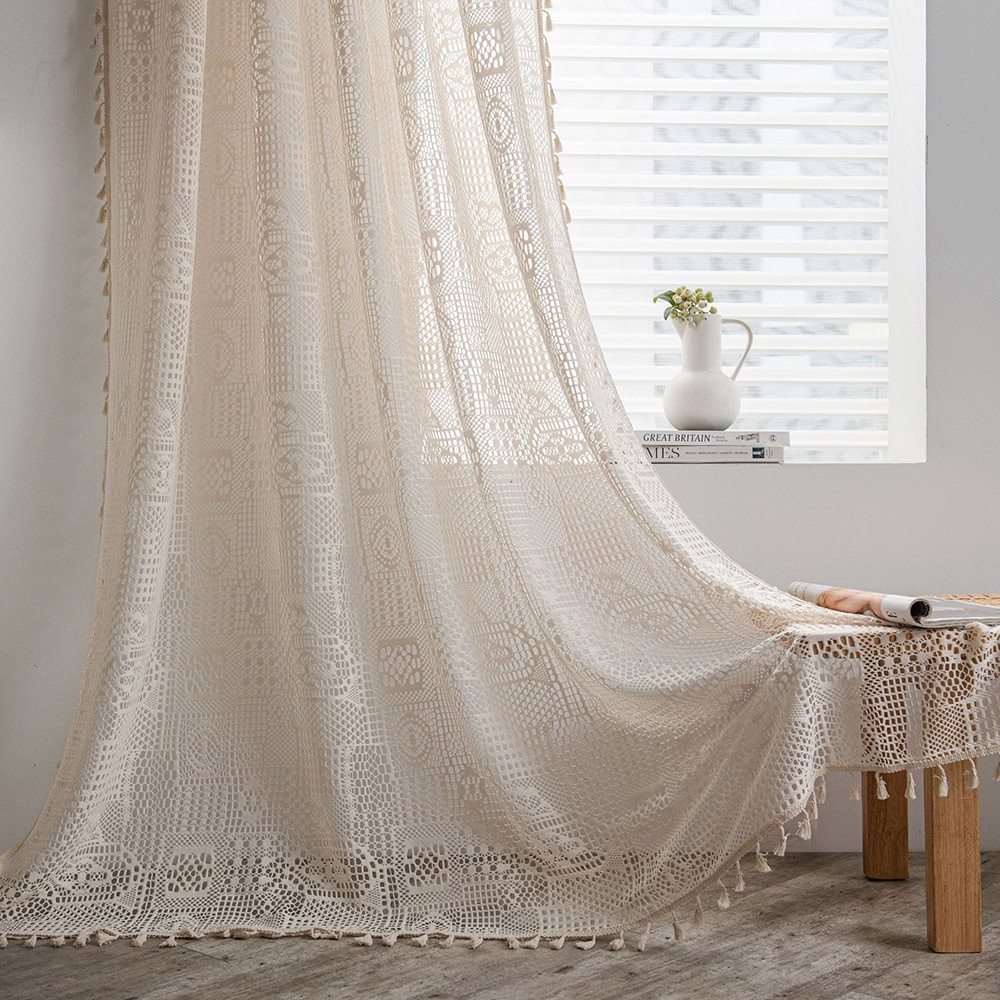 Rèm Cửa Vải Cotton Dệt Kim Họa Tiết Kẻ Sọc Phối Tua Rua Trang Trí Phòng Khách / Phòng Ngủ
