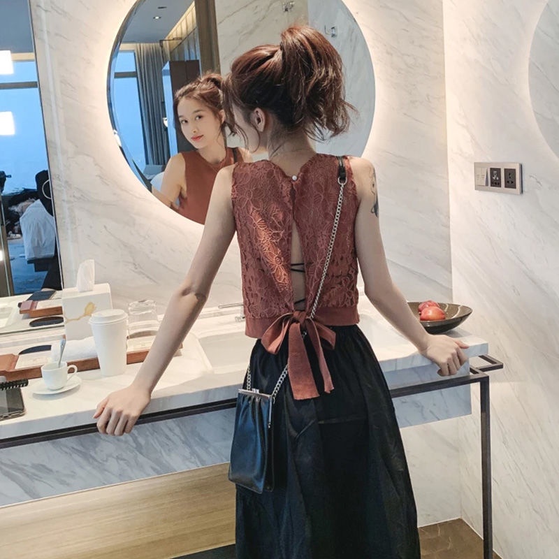 AMOI Áo Dệt Kim Không Tay Phối Ren Thời Trang Dành Cho Nữ