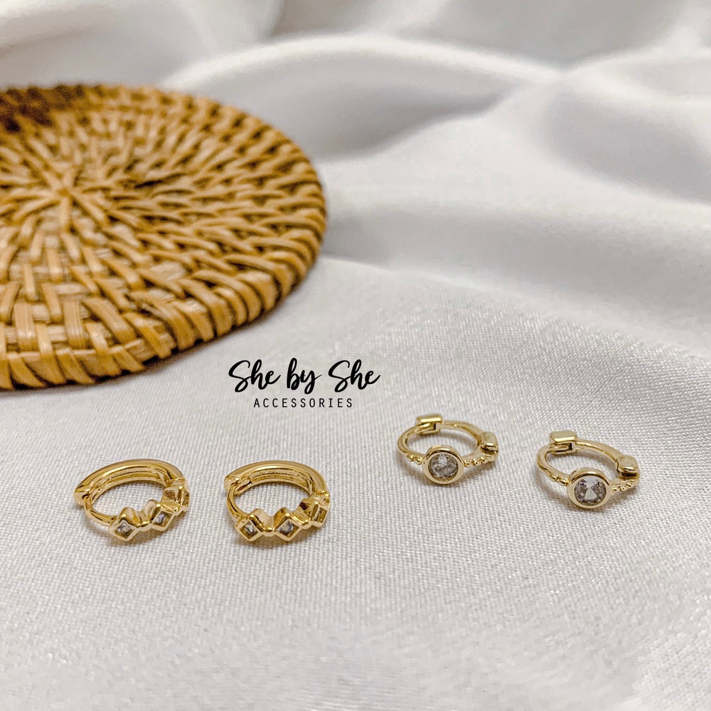 Bông tai tròn nữ đính đá mạ vàng 14K Shebyshe chất liệu bạc 925 bông tai khuyên tai phong cách Hàn Quốc - K67