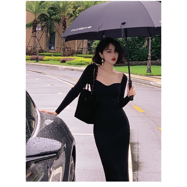 [Augustcloth]Đầm/ Váy dài tay dài cổ tim xanh phong cách Hàn Quốc