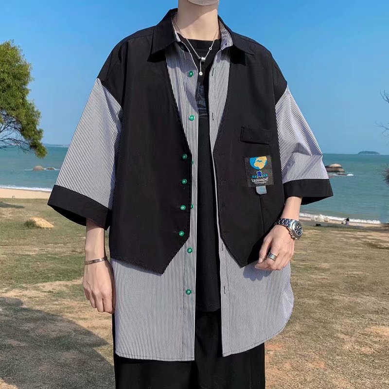 Áo sơ mi ngắn tay giả hai lớp dáng rộng phong cách Hong Kong hợp xu hướng thời trang dành cho nam