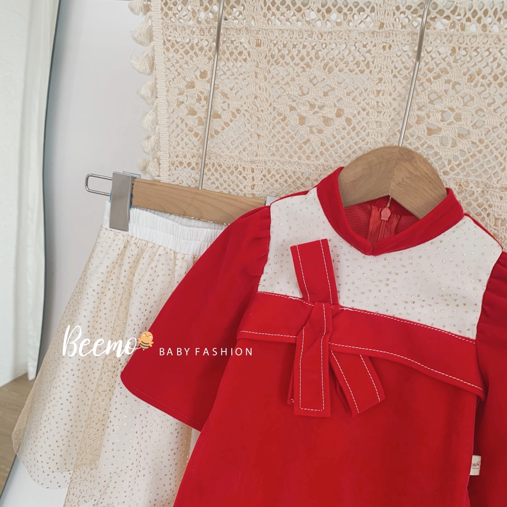Áo dài uyên ương cho bé Beemo, Chất liệu nhung mịn, quần lụa và chân váy phối ren, họa tiết thêu hổ và nơ xinh xắn B105