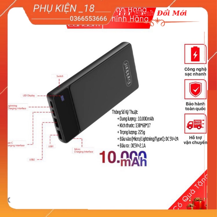 [Mã SKAMSALE03 giảm 10% đơn 200k] Sạc Dự Phòng 10000mAh Earldom PB-40