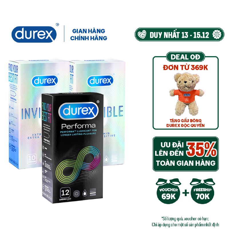 Bộ 2 hộp bao cao su Durex Invisible siêu mỏng (52mm, 10 bao/hộp) + 1 hộp Performa ...