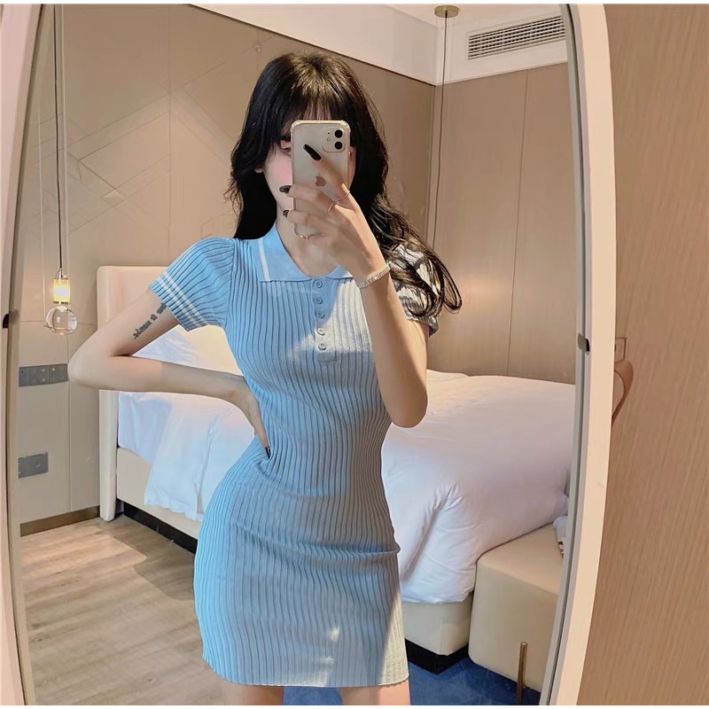 Váy polo body len dệt kim nữ dáng ôm tay ngắn kiểu cổ bẻ co dãn 4 chiều đầm thiết kế Quảng Châu cao cấp
