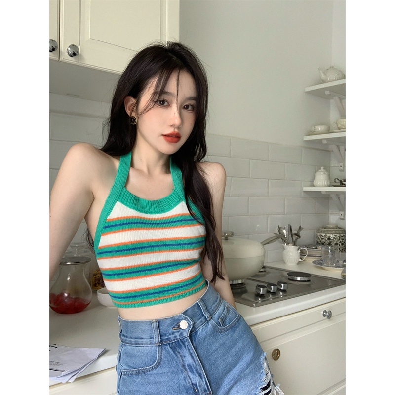 Kumikumi HUANG YOYO Áo Hai Dây Dệt Kim Hở Lưng Màu Sắc Tương Phản Phong Cách Hàn Quốc Thời Trang Cho Nữ