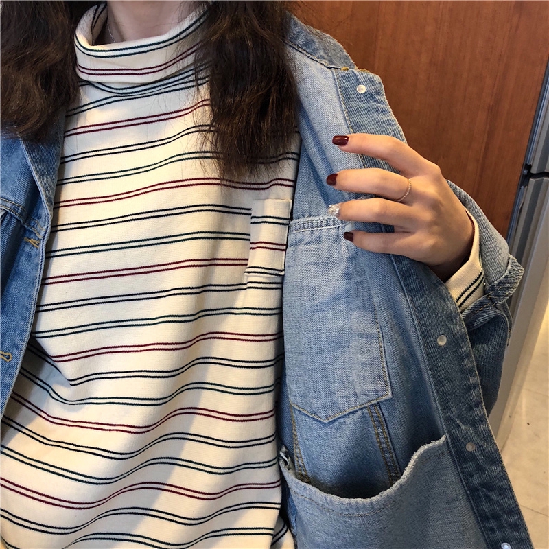 Áo sơ mi cổ lọ kẻ sọc phong cách Hàn Quốc thanh lịch dành cho nữ | BigBuy360 - bigbuy360.vn