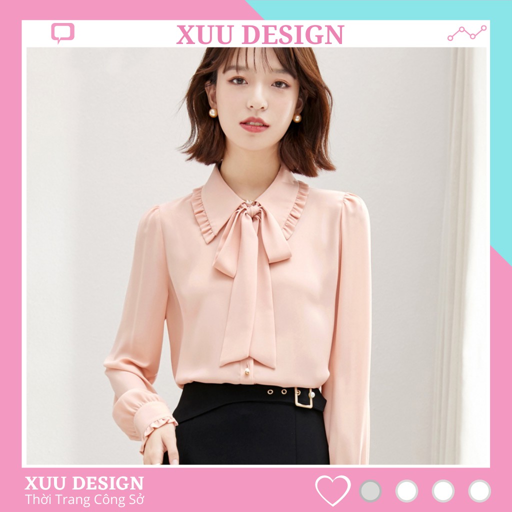 Áo sơ mi nữ kiểu Wexuu Design áo kiểu tay bồng phối nơ gam nhẹ nhàng chất vải đẹp ...