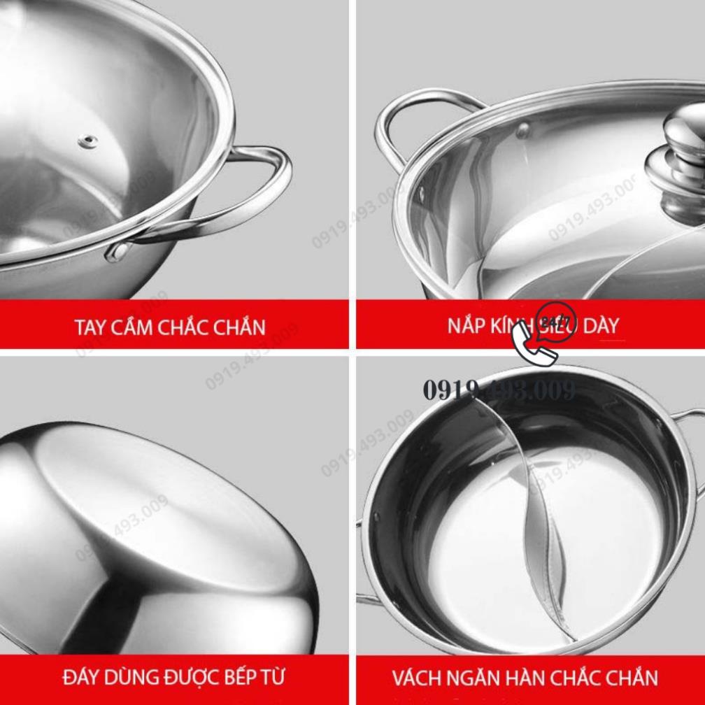 Nồi lẩu 2 ngăn nấu được bếp từ inox xịn sáng bóng kèm nắp kính