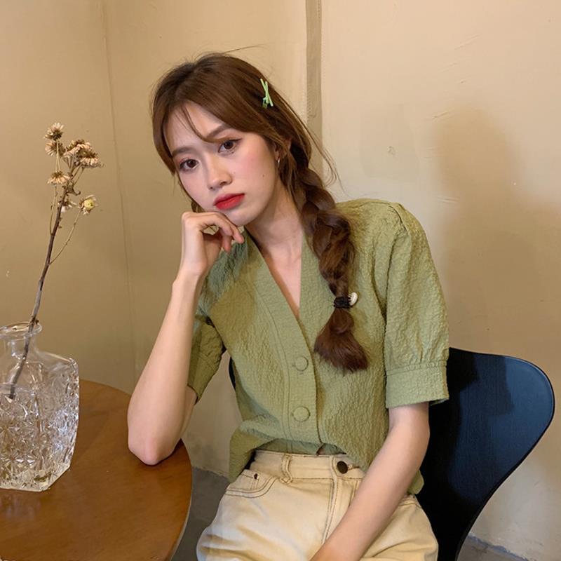 Áo kiểu tay ngắn phồng cổ chữ V phong cách retro thời trang mùa hè xinh xắn dành cho nữ