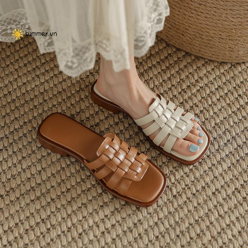 Dép Sandal Da Mềm Đế Bằng Chống Trượt Phong Cách Retro Pháp Thời Trang Mùa Hè Cho Nữ