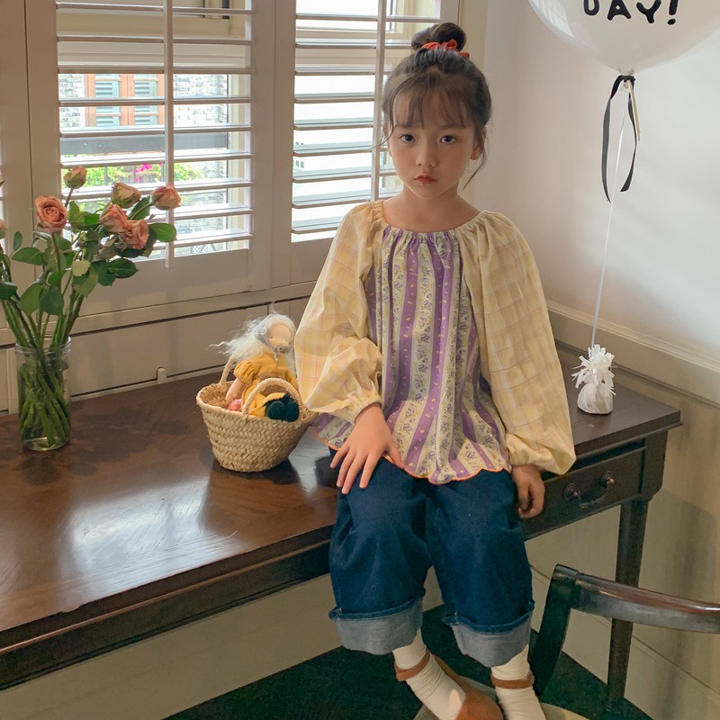 Áo Sơ Mi Chiffon Cổ Tròn Kẻ Sọc In Hoa Thắt Nơ Lưng Phong Cách Hàn Quốc Thời Trang Xuân Thu Cho Nữ