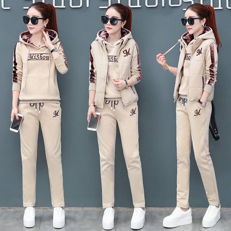 Set Đồ Thể Thao Ba Món Bằng Nhung Dày Dặn Thời Trang Thu Đông Cho Nữ size Lớn 2021