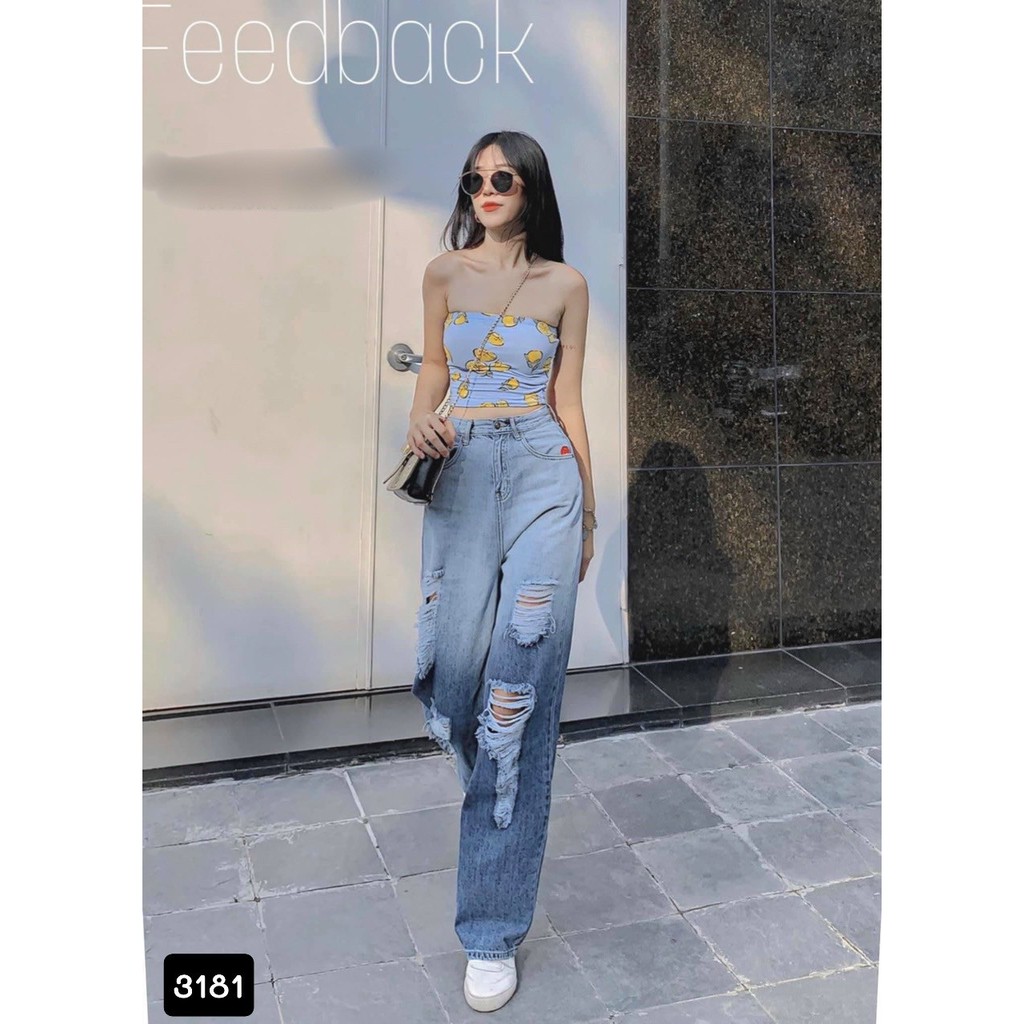 Quần Jeans Nữ Ống Rộng Phối Rách Cao Cấp OHS3181 | WebRaoVat - webraovat.net.vn