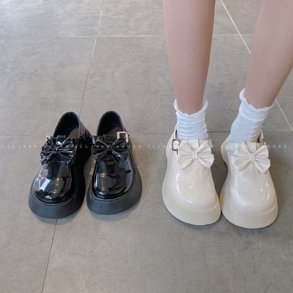 Giày Lolita Nữ Ulzzang Vintage, Giày Oxford Da PU Cao Cấp Gắn Nơ Quai Gài Dây Mảnh Đế Độn 5cm, Hàn Quốc - Iclassy_shoes