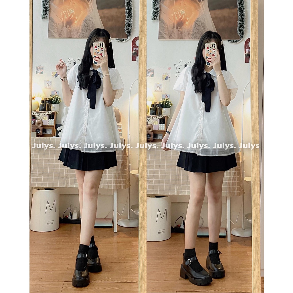 Áo babydoll tơ mềm nơ đen Julys (ảnh thật tự chụp kèm video)