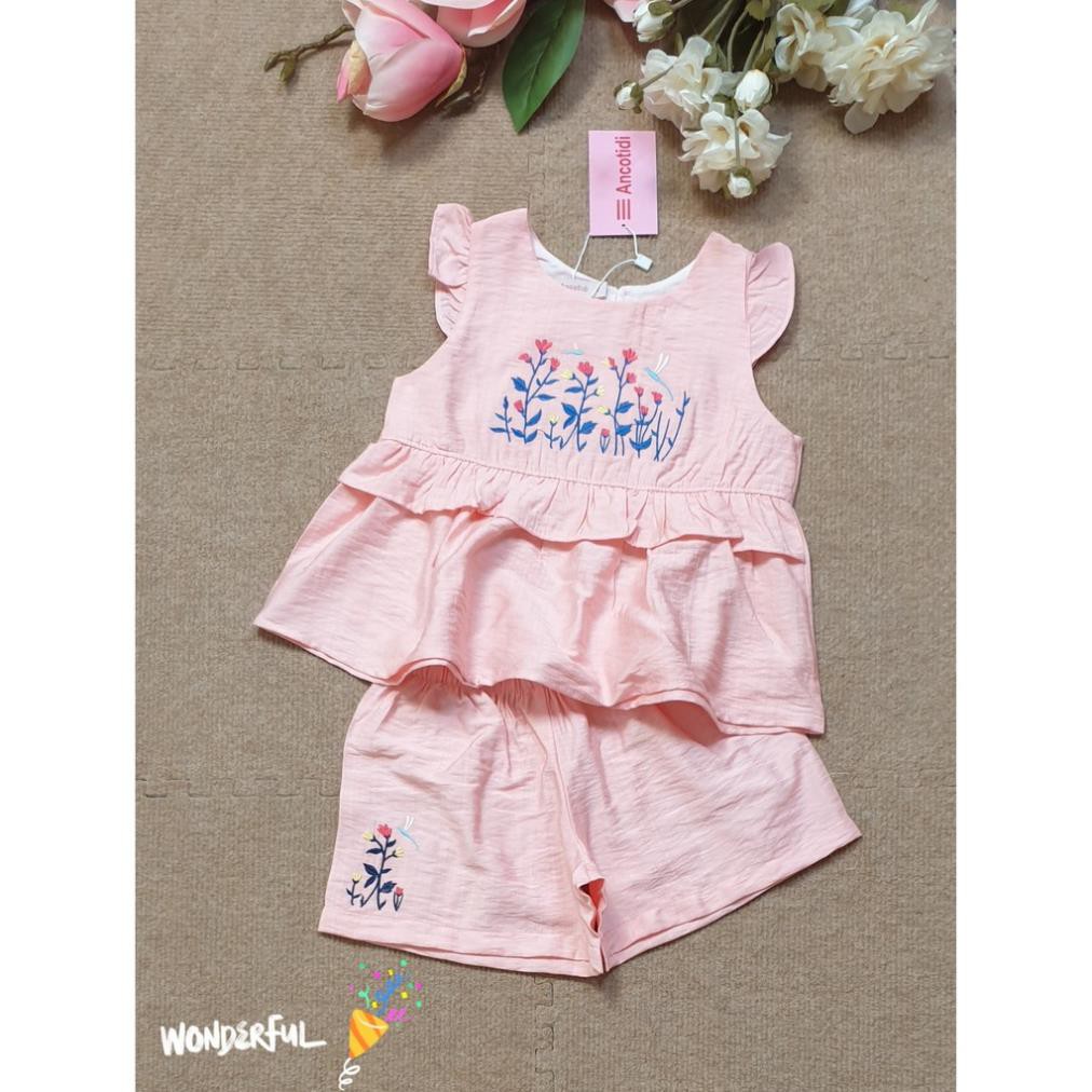 SIZE 2-13 (10-36kg) ĐỒ BỘ BÉ GÁI ÁO TAY CÁNH TIÊN QUẦN ĐÙI VẢI TƠ SỌC HIỆU ANCOTIDI THÊU HÌNH CÂY MÀU HỒNG
