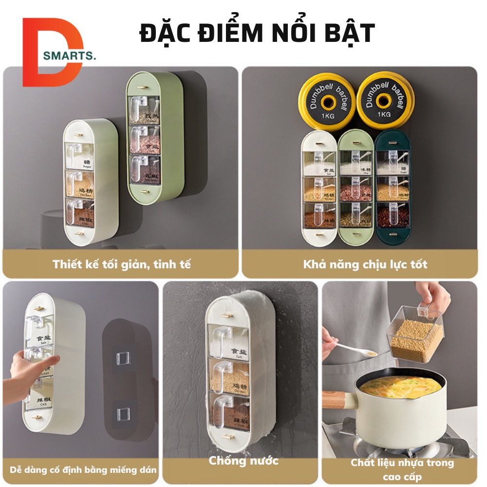 Hộp đựng gia vị nhiều ngăn treo tường tặng kèm thìa và nhãn phân loại, Kệ đựng gia vị gắn tường tiện lợi cho nhà bếp