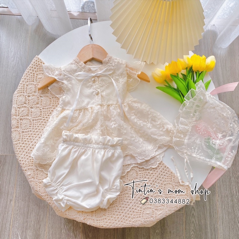 Sét váy công chúa đầy tháng/ thôi nôi 0-12M ren hoa kèm mũ bèo và chip rời
