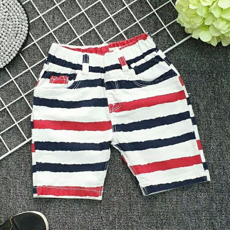 Quần short kaki linen sọc đỏ đen cá tính cho bé trai