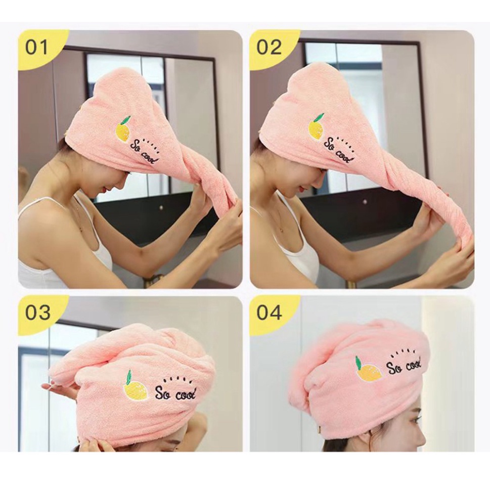 Khăn quấn tóc nhanh khô cotton 2 lớpFREESHIPMũ Nhung San Hô Trùm Đầu Thấm Hút Tốt Nhanh Khô Đính Nút Hình Gấu