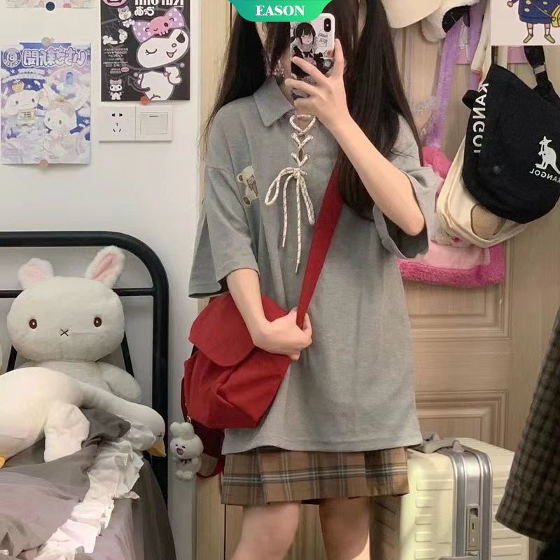 Áo polo Tay Ngắn Thêu Hình Gấu Dễ Thương Phong Cách Hồng Kông Thời Trang Mùa Hè Cho Nữ