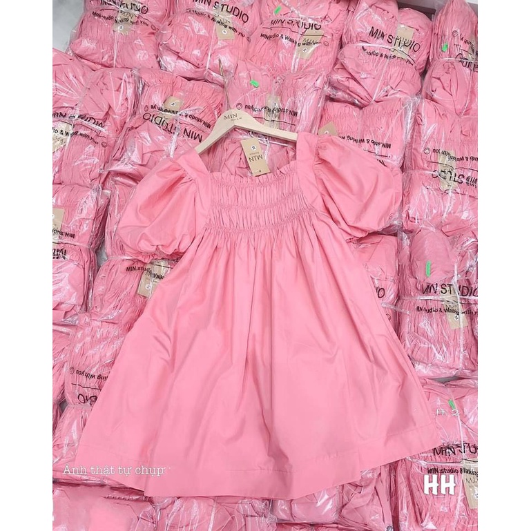 Đầm babydoll hồng cổ vuông chun ngực tay bồng BN206