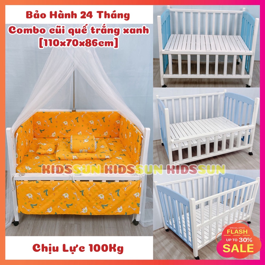 Cũi Cho Bé KIDSSUN Giường Cũi Trẻ Em Kích Thước (110x70x86) Gỗ Quế Màu Trắng Xanh  BH 24 Tháng Hàng XKhẩu Kèm Quà Tặng