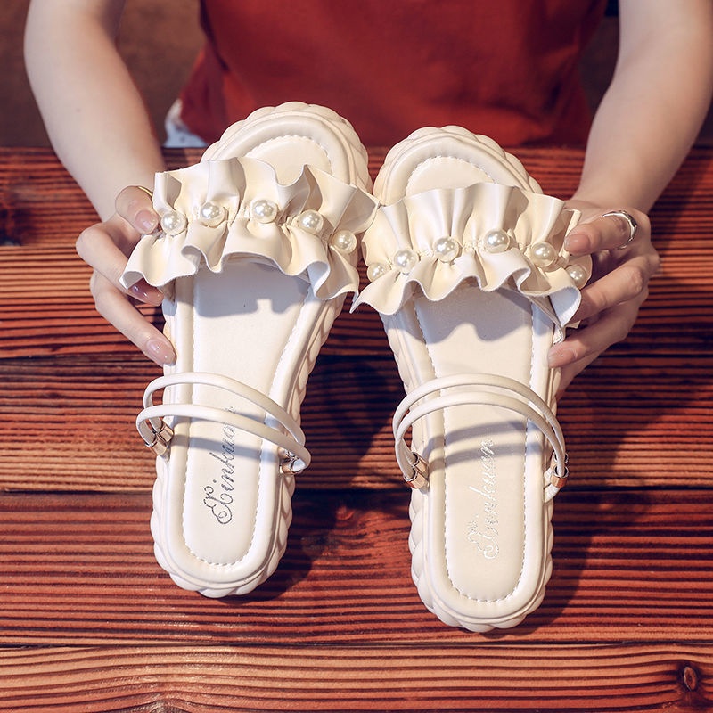 [Hàng Có Sẵn]~ Dép Sandal Đế Dày Hai Quai Đính Ngọc Trai Phong Cách Mùa Hè Mới 2020 Cho Nữ