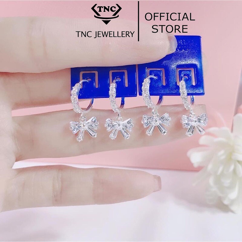Khuyên Tai Bạc Khoen Tròn Móc Máy Thả Hình Nơ- Trang Sức TNC JEWELLERY
