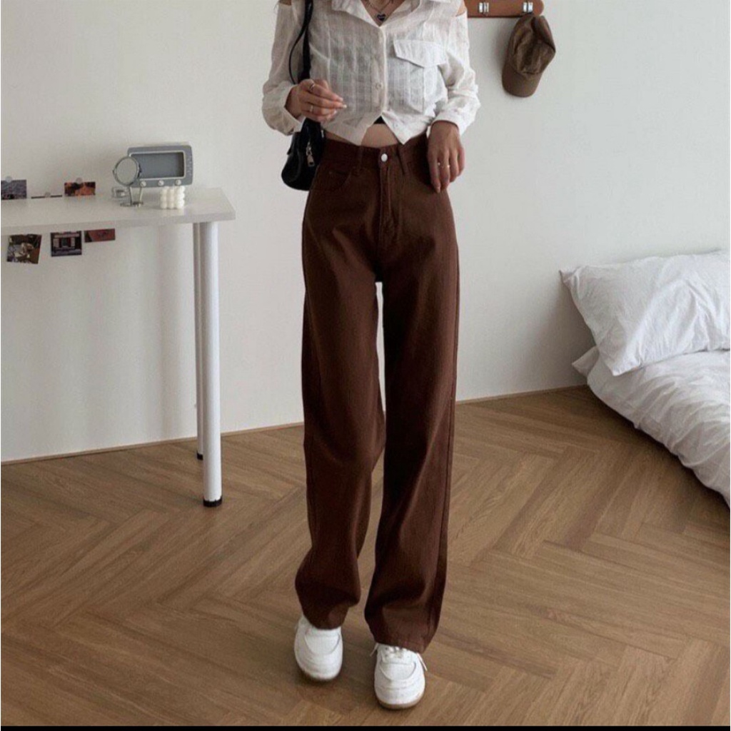Quần kaki ống rộng lưng cao màu nâu đậm hottrend - Quần dài ống suông trơn basic
