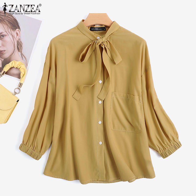 Áo sơ mi Zanzea cổ đứng với tay áo 3/4 có nút cài thiết kế đơn giản thời trang cho nữ