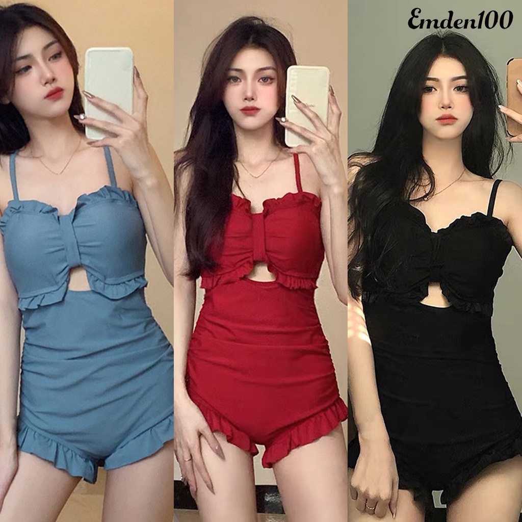 Bộ Đồ Bơi Một Mảnh Hai Dây Phối Bèo Hở Lưng Thời Trang Đi Biển Cho Nữ