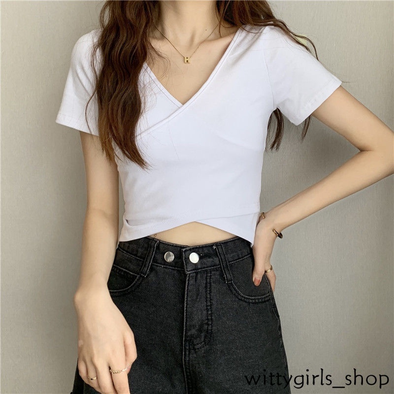Áo Thun Lửng Tay Ngắn Vạt Chéo Màu Sắc Thời Trang Dành Cho Nữ
