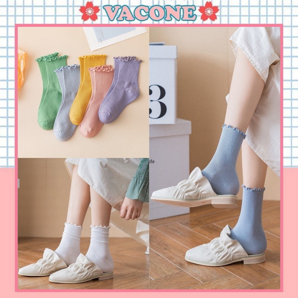 Tất nữ bèo cổ nhún Vacone vớ nữ trơn nhiều màu thiết kế đơn giản TN30